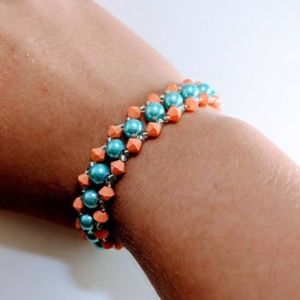 Boho Aqua and Peach Beaded Bracelet Handmade